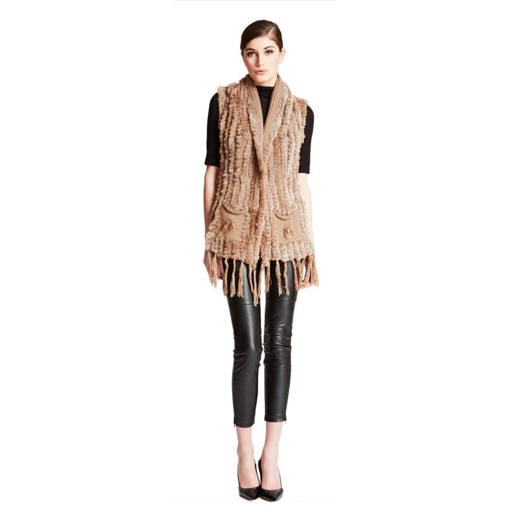 Belle Fare Lenzen Knitted Rabbit Fur&Wool Open Front Vest with Fringe ,OS